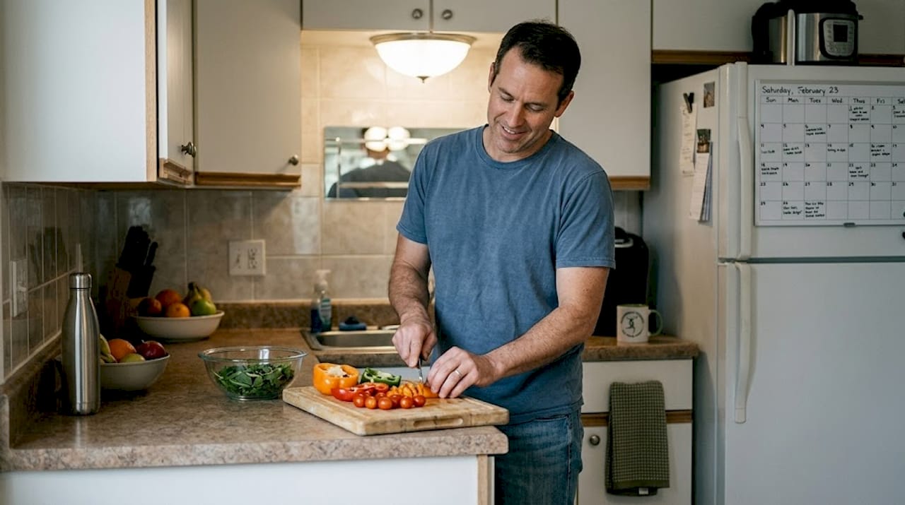 Man preparing fresh salad in simple kitchen