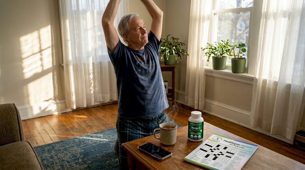 Older man stretching in sunlit living room