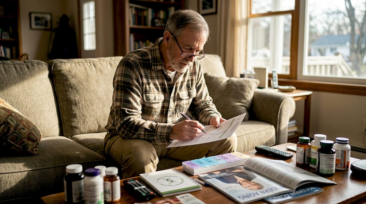Older man reviewing supplement plan at home