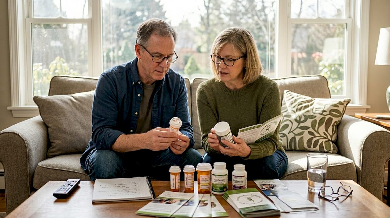 Couple reviewing vitamin D supplements in living room