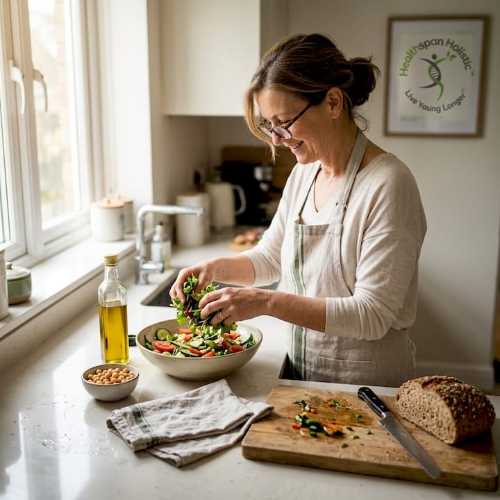 Midlife woman prepares healthy salad in kitchen