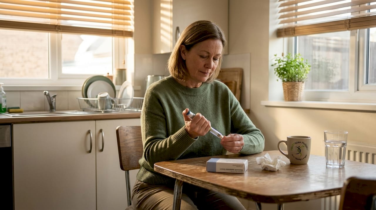 Woman using GLP-1 pen injector at kitchen table