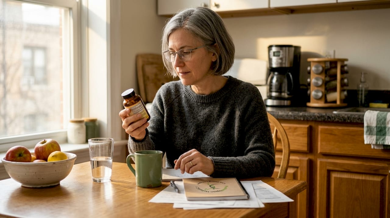 Woman reads vitamin D label at breakfast