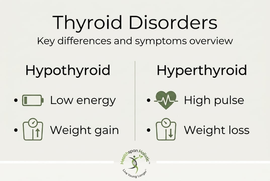 Infographic comparing hypothyroid and hyperthyroid with key symptoms