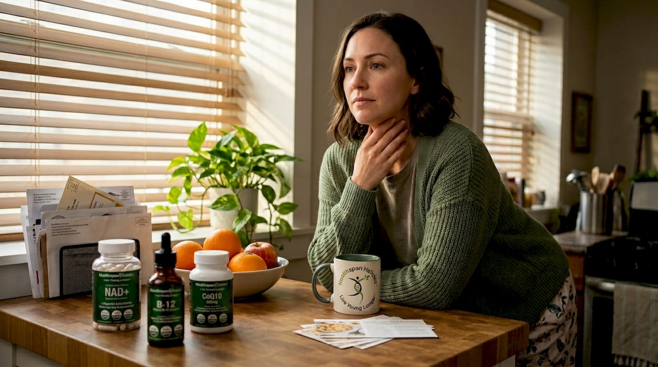 Woman touching neck in cozy morning kitchen