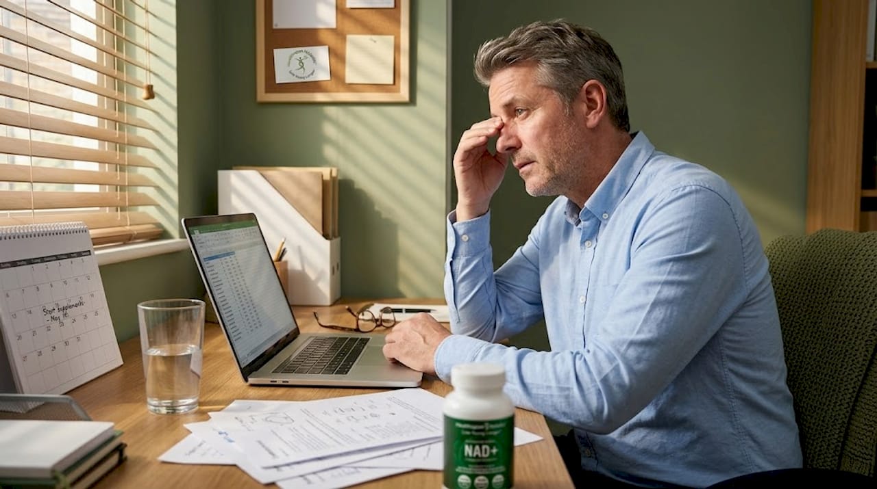 Tired man at cluttered home office desk