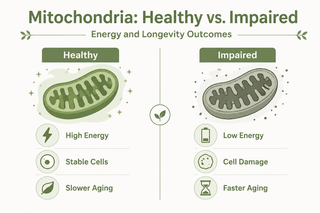 Infographic comparing healthy vs impaired mitochondria