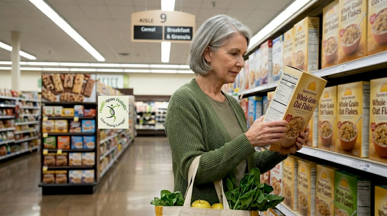 Older woman reading fiber label on cereal box