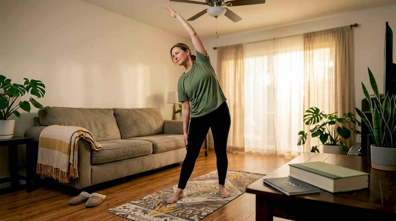 Woman stretching on yoga mat in sunlit living room