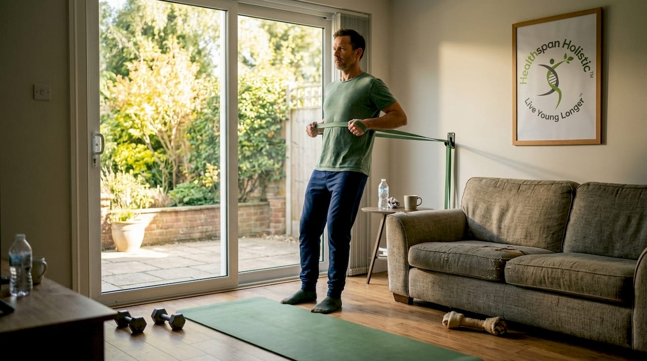 Man doing resistance exercise in living room