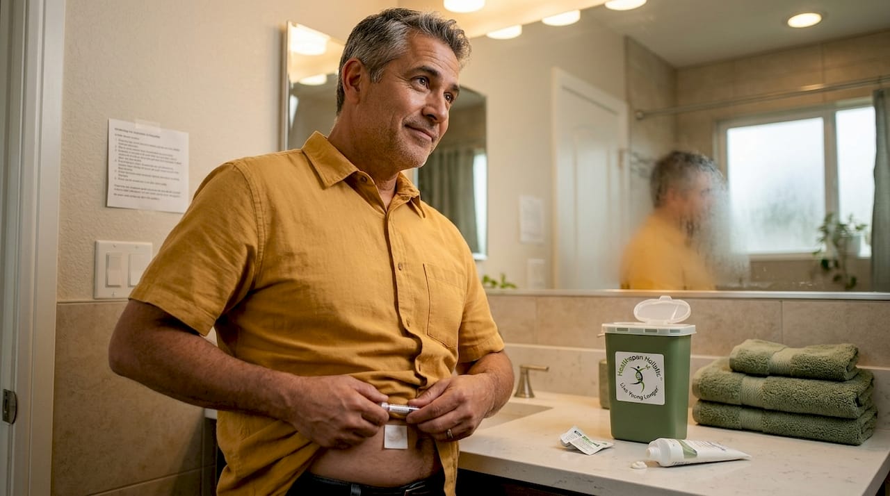 Man preparing peptide injection in home bathroom