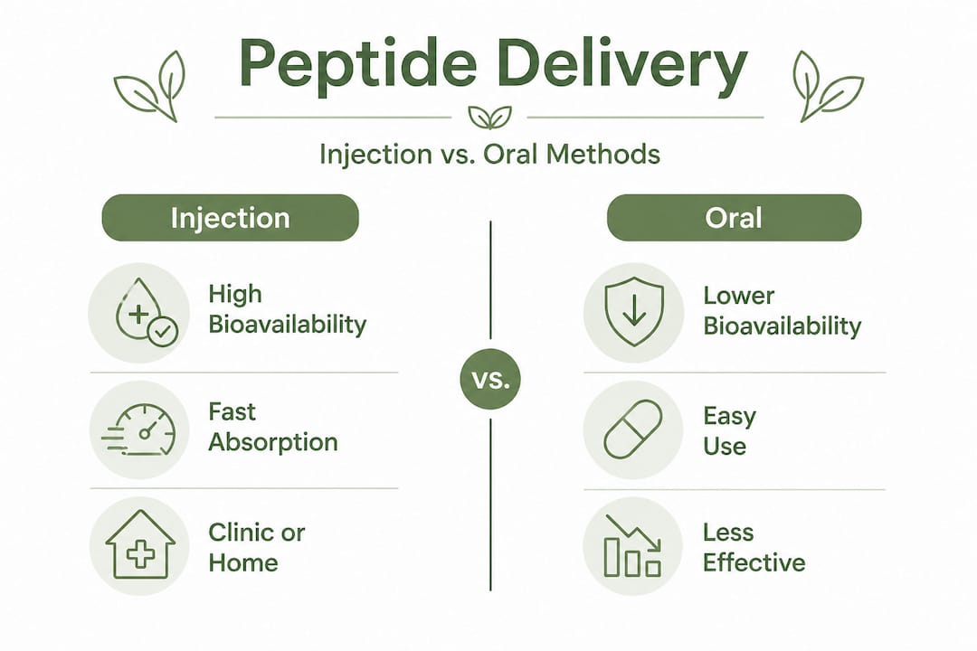 Infographic comparing injection and oral peptide delivery methods
