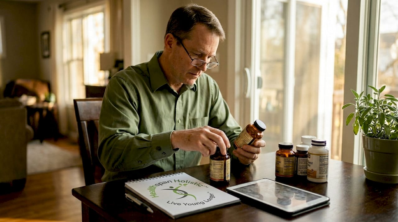 Man reviewing supplement bottles at home