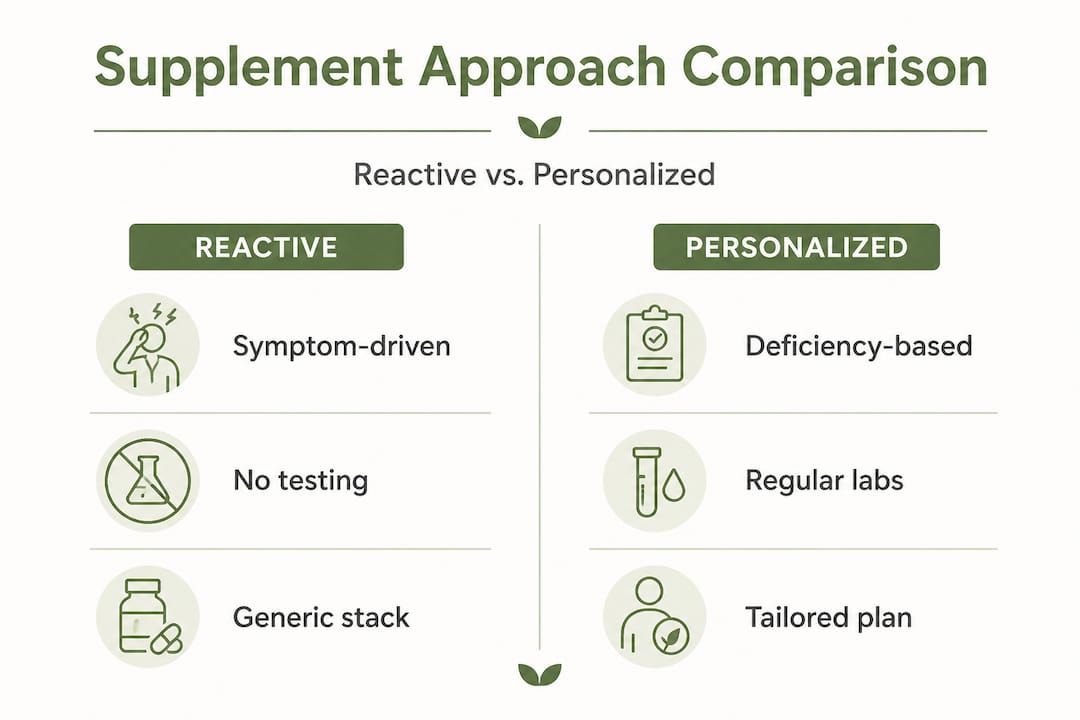 Infographic comparing reactive and personalized supplement approaches
