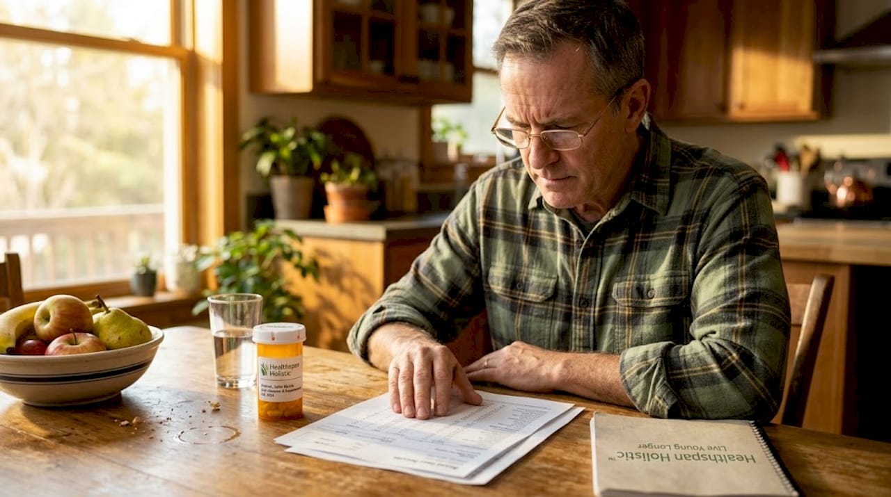 Man studying medical papers at kitchen table