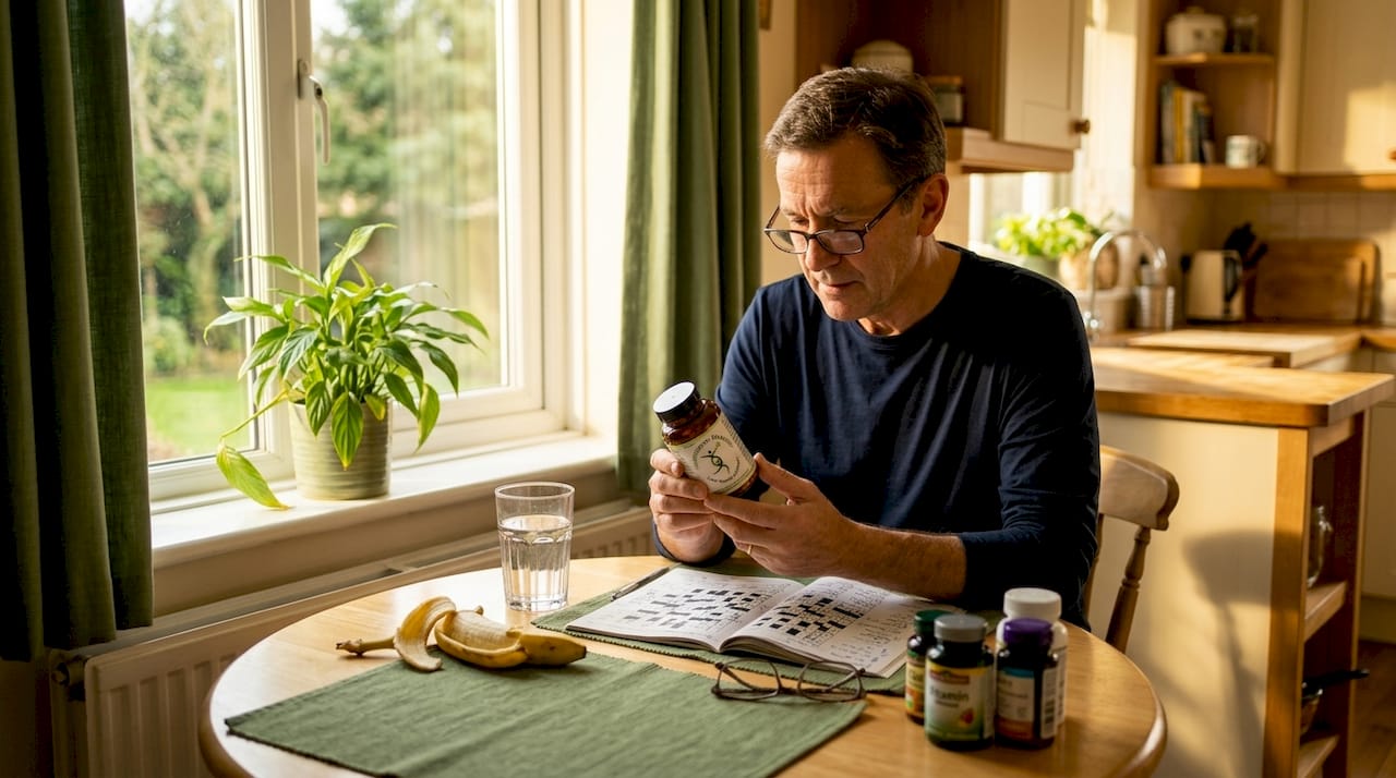 Older man checking supplement label at breakfast table