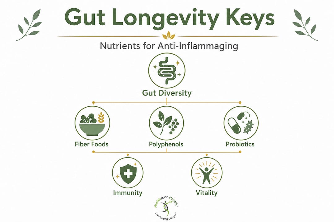 Infographic showing nutrients supporting gut-driven longevity