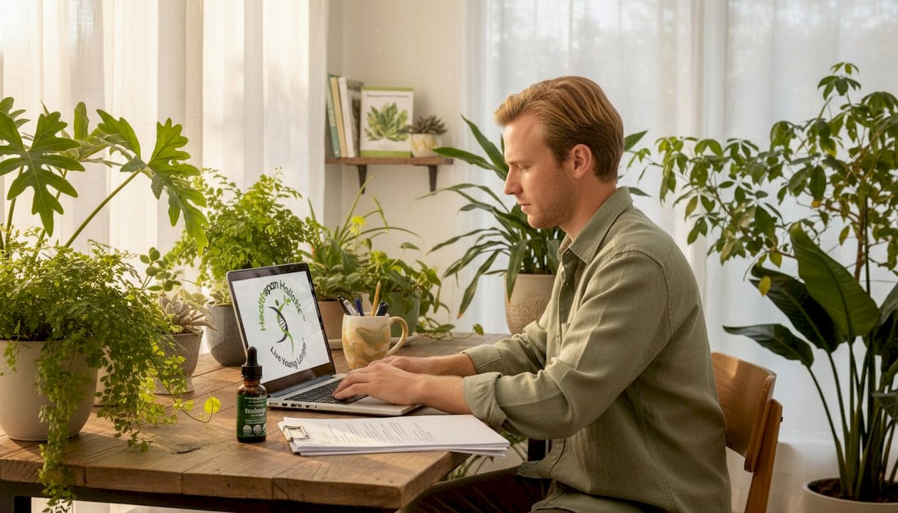 Researcher analyzing supplement research printouts