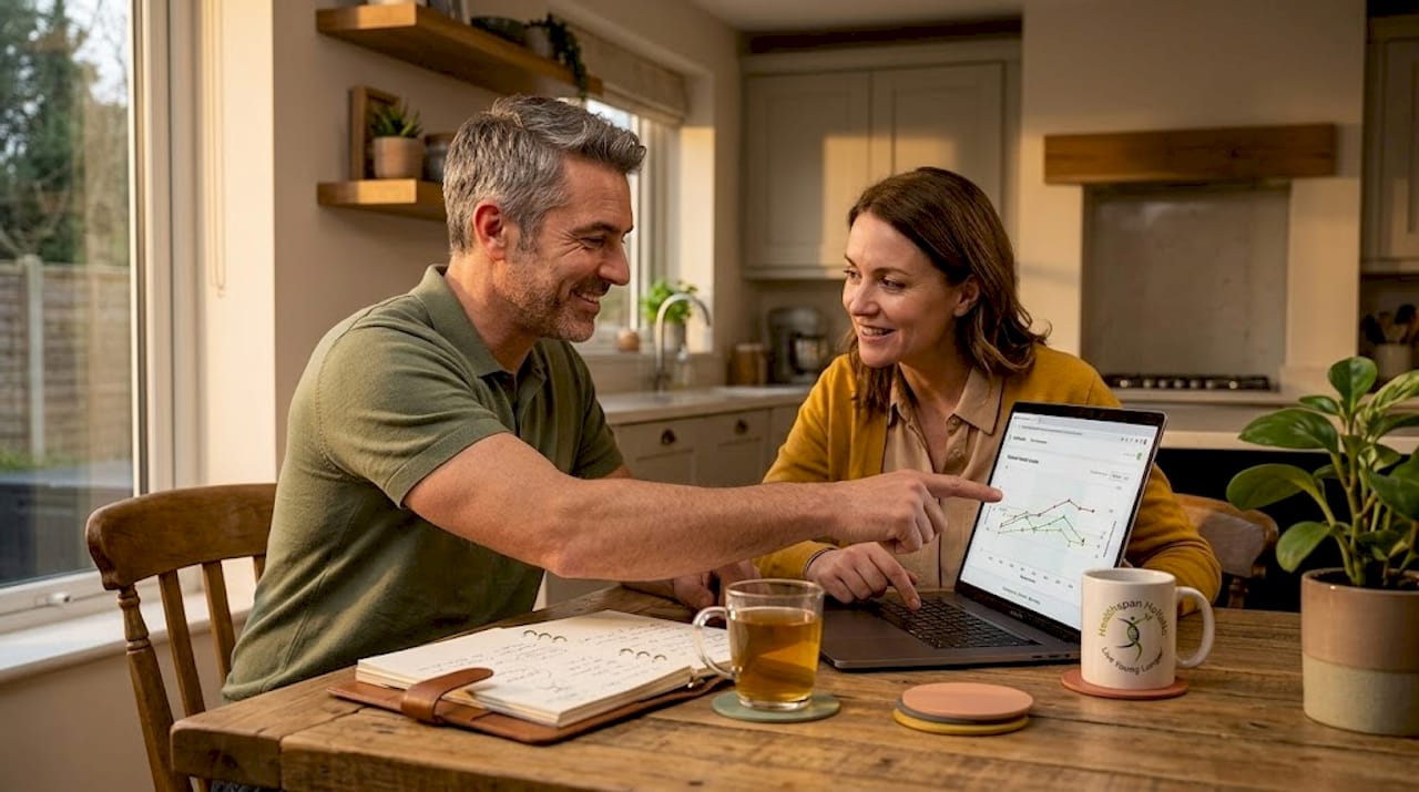 Consultant and client discuss wellness data at home