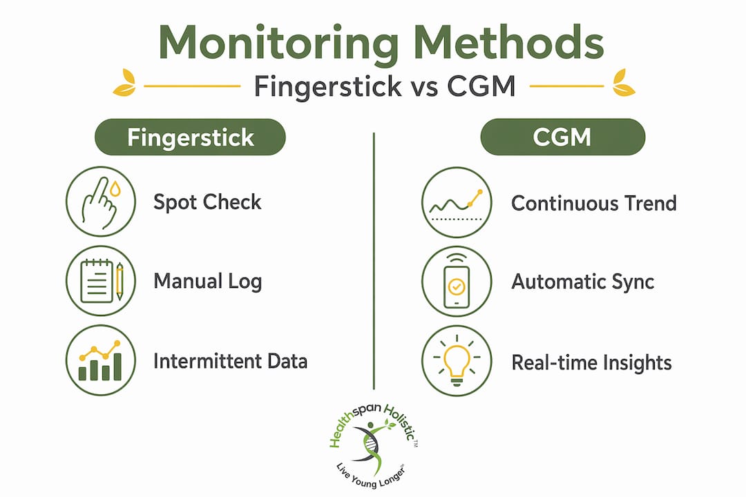 Infographic comparing fingerstick and CGM methods