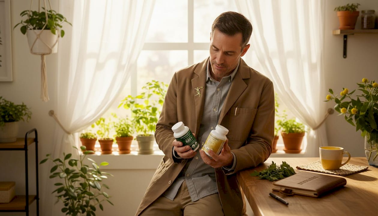 Lab researcher studying supplement bottles with laptop
