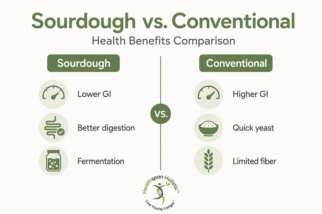 Infographic comparing sourdough and conventional bread health