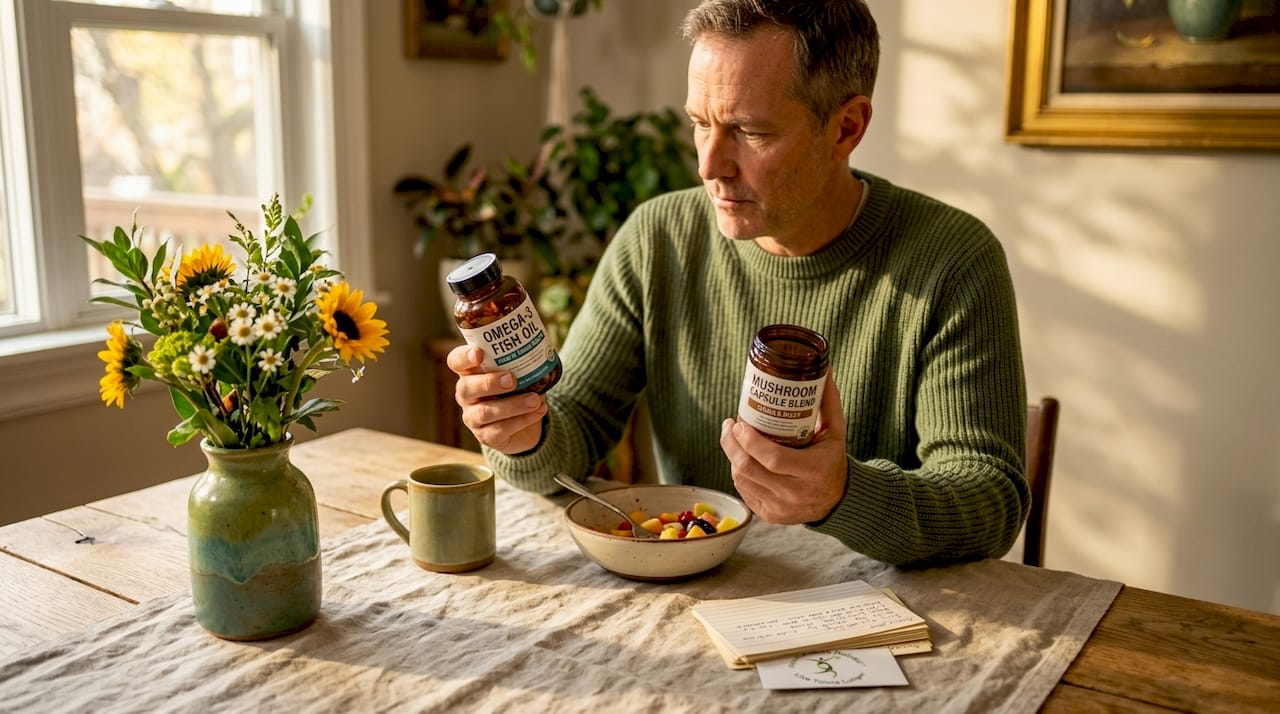 Man reading supplement labels at table