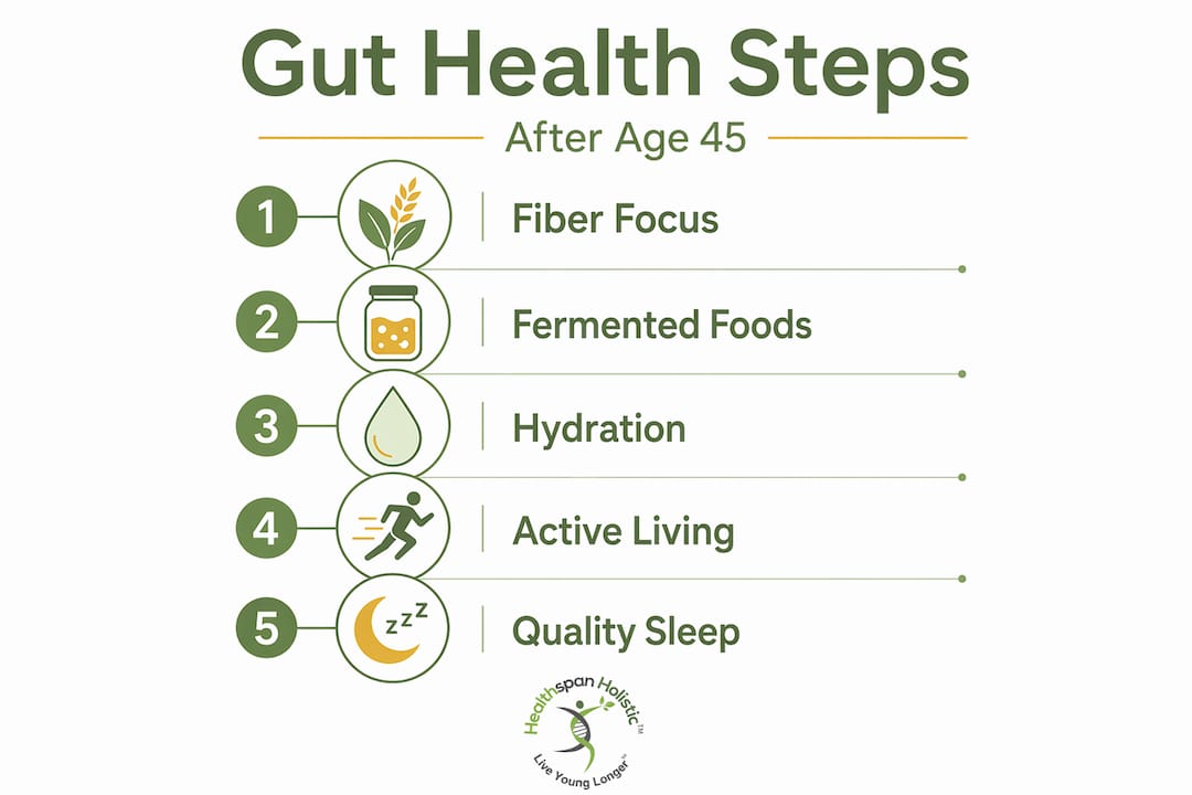 Infographic showing steps for gut health after 45
