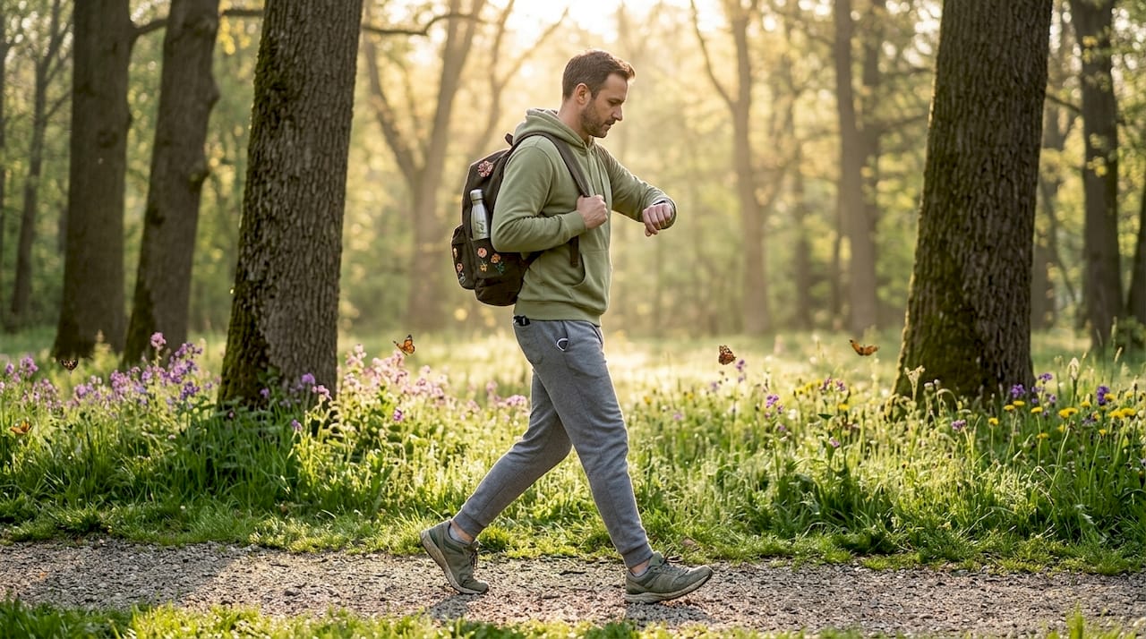 Man walking with fitness tracker in park