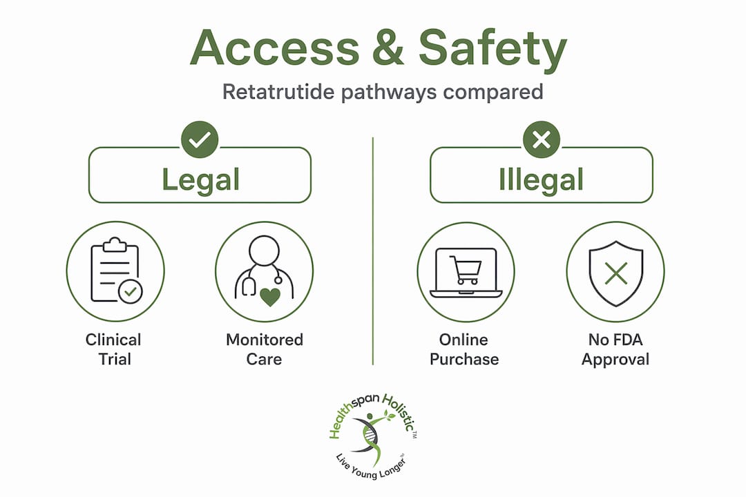 Infographic comparing legal and illegal access for Retatrutide