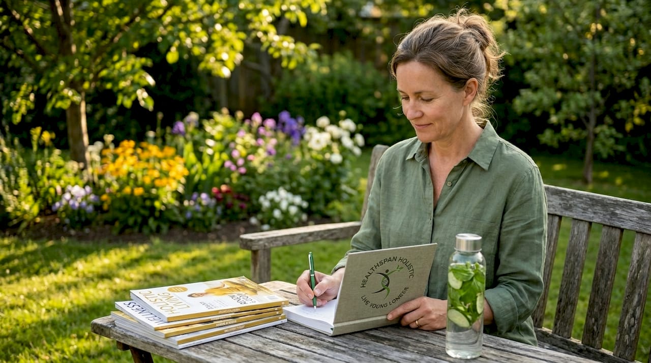 Woman journaling wellness routine in living room