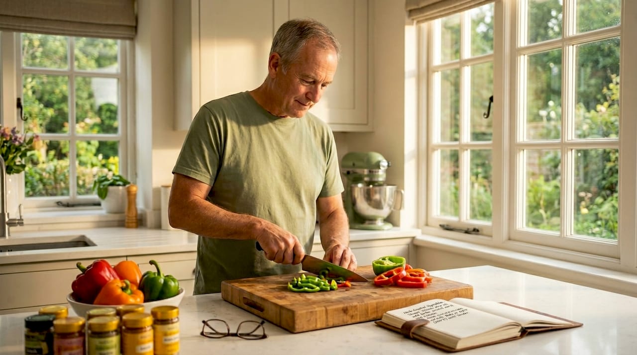 Older man preparing healthy meal in kitchen