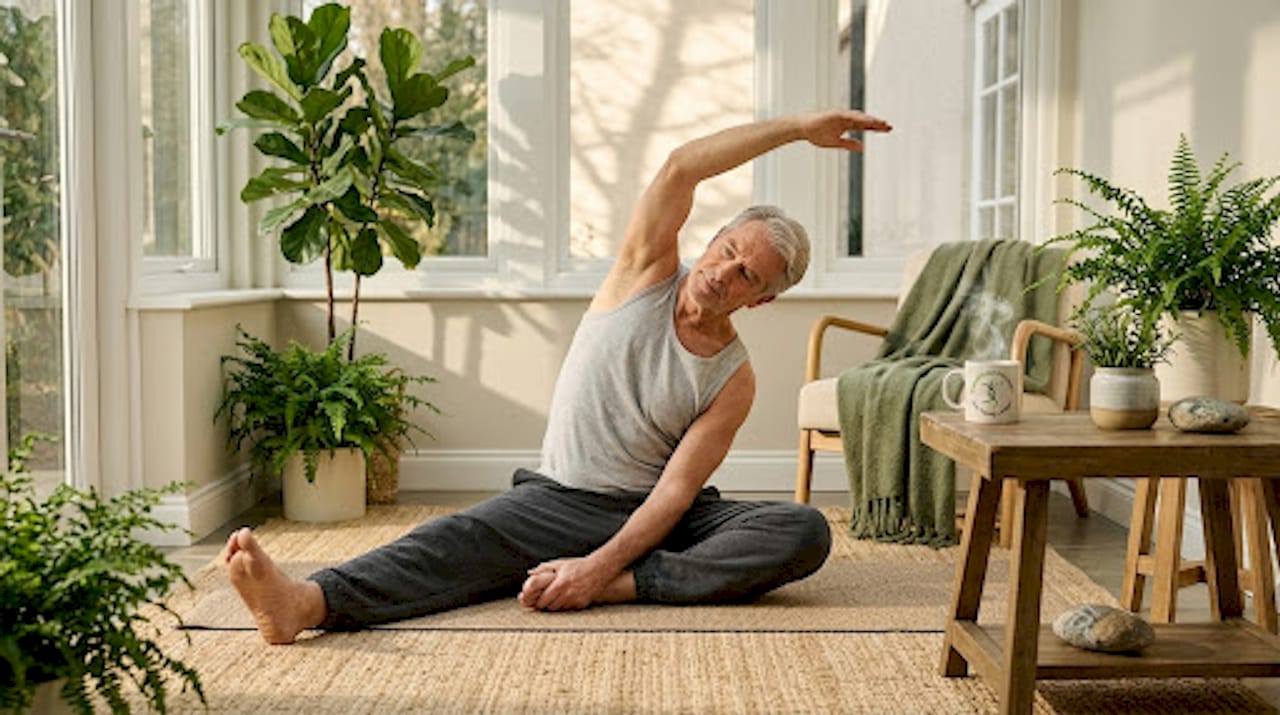 Man stretching at home after chemotherapy