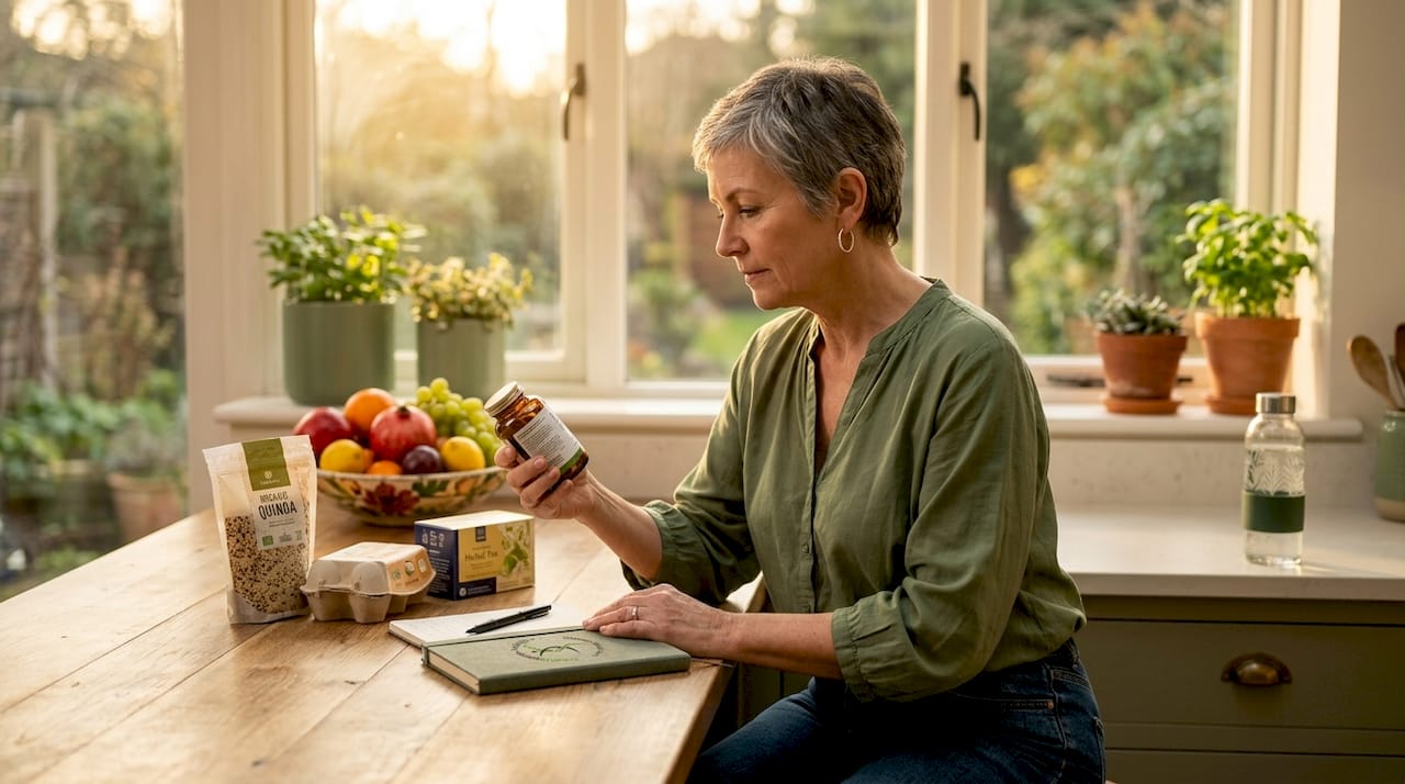 Older woman reading nutrition labels at home