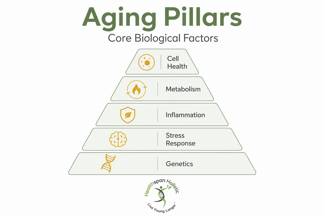 Hierarchy infographic showing main aging pillars