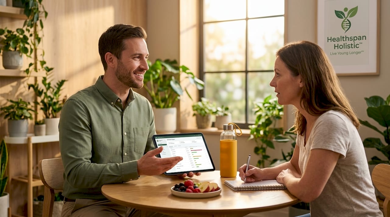 Dietitian reviewing nutrient chart with client
