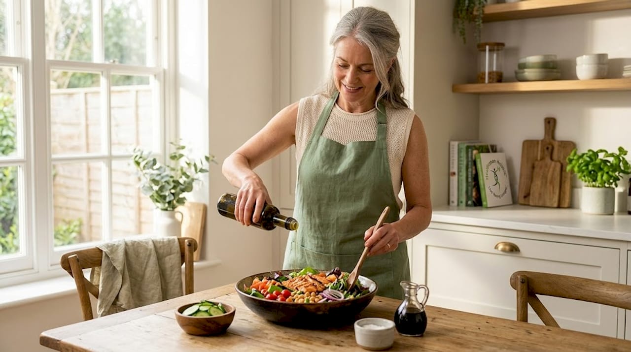 Woman preparing joint-friendly Mediterranean meal
