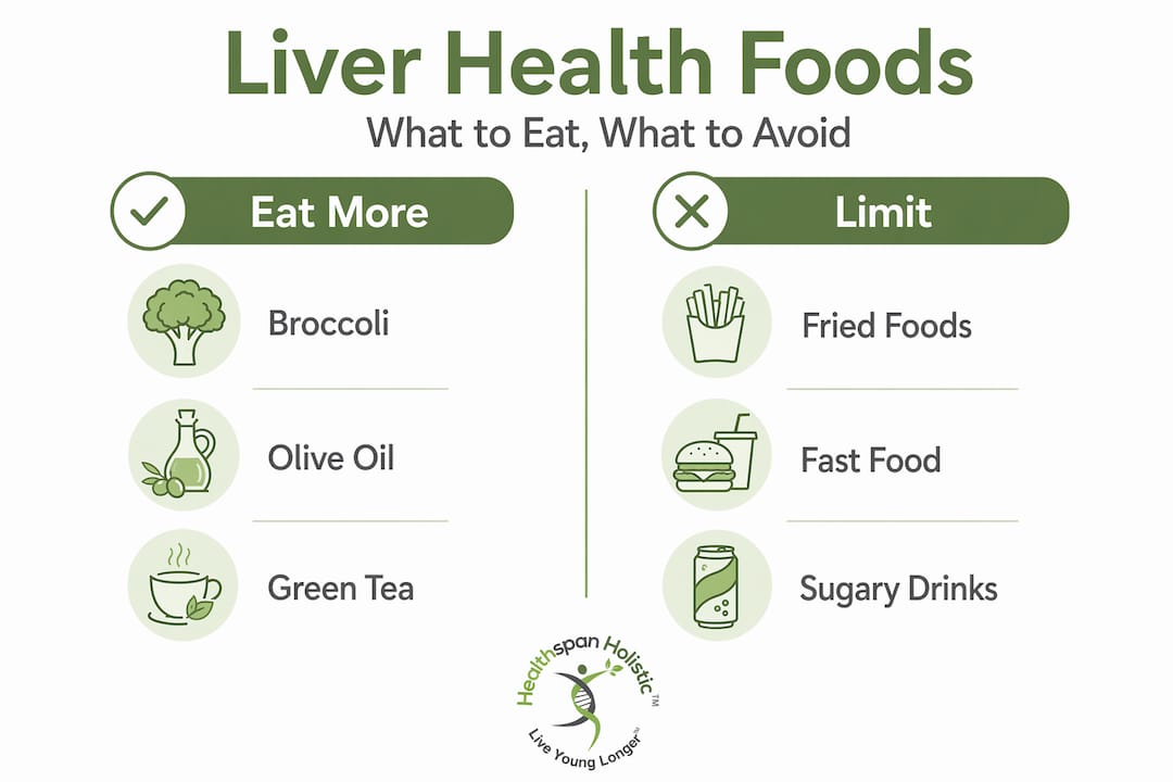 Split infographic of liver-friendly and risky foods