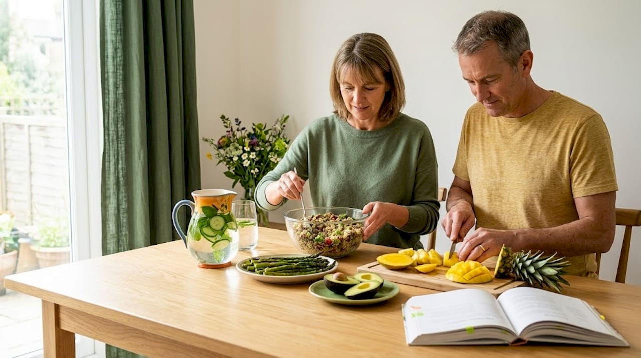 Couple preparing diverse plant-based dishes