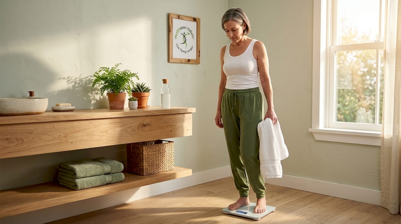 Woman checks weight on home bathroom scale