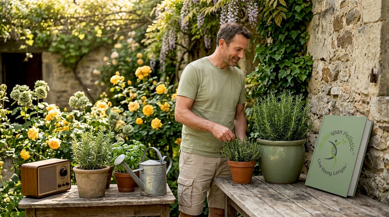 Man watering plants on city balcony