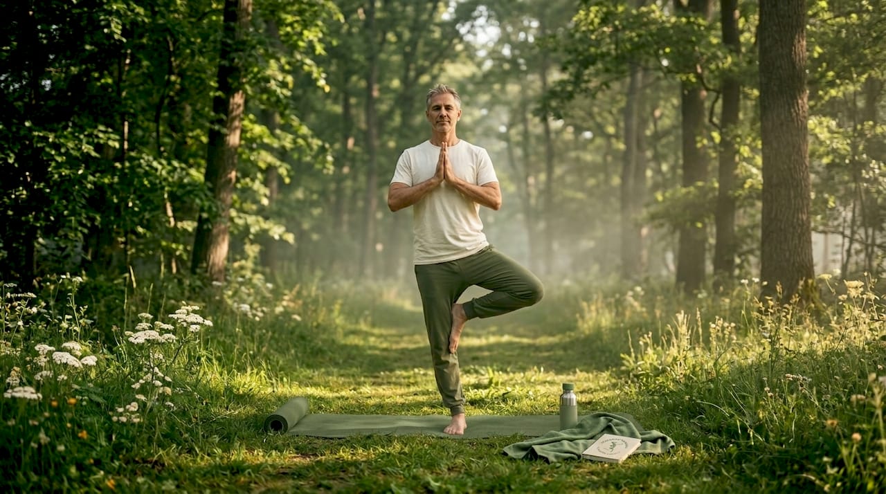 Mature man practicing yoga in urban garden at dawn