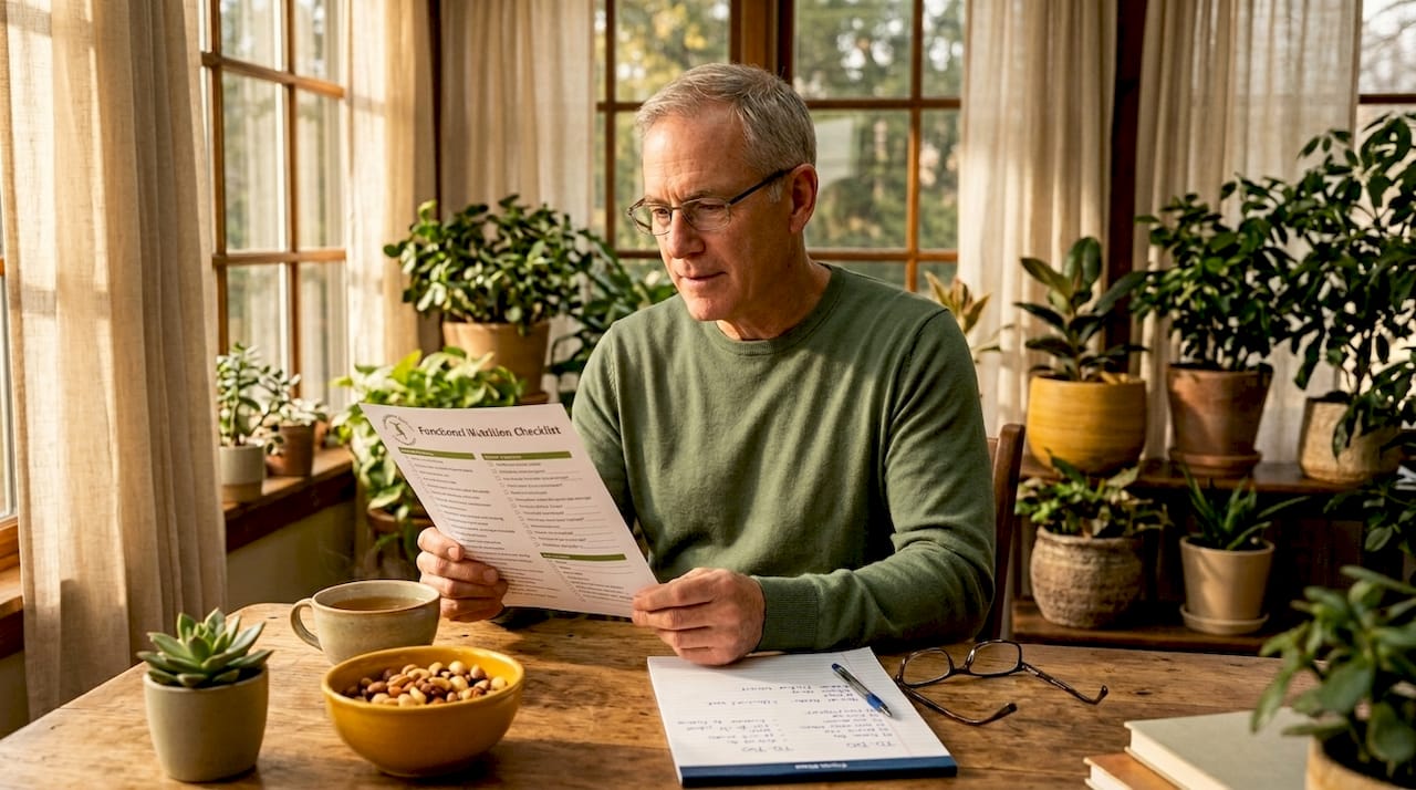 Older adult man reviewing nutrition checklist in home office