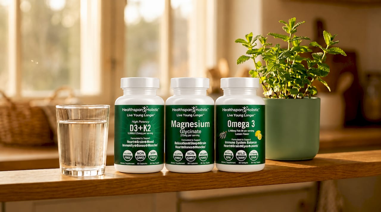 Assorted healthspan supplement bottles on shelf