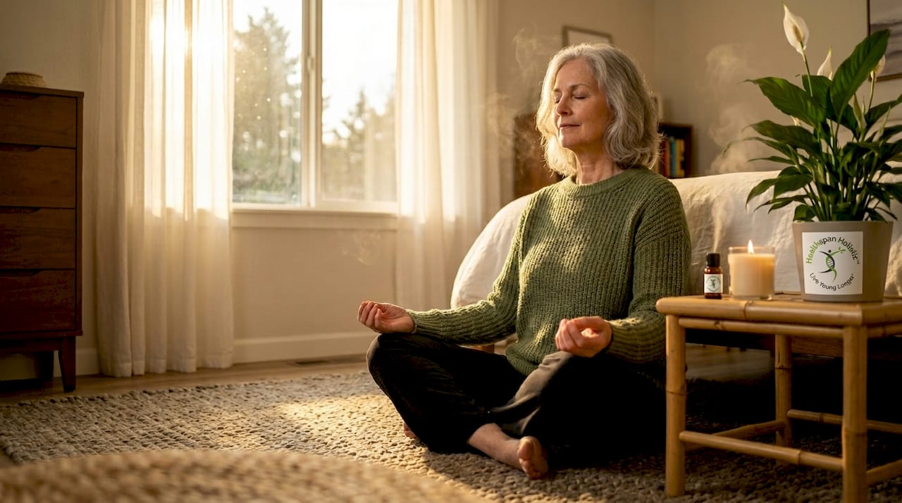 Senior woman meditating at home peacefully