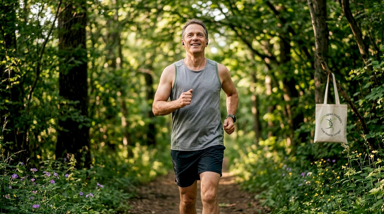 Middle-aged man jogging in park trail