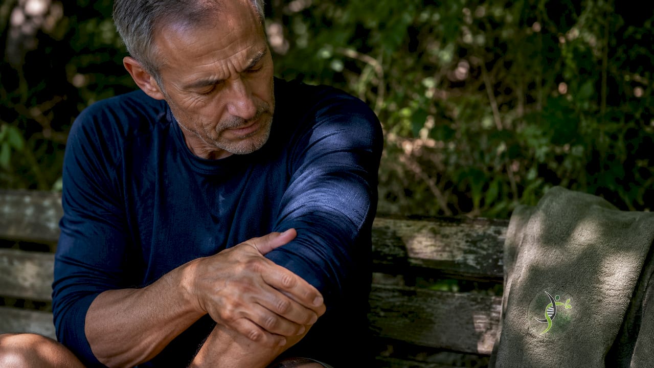 Man exhibiting joint pain and fatigue outdoors