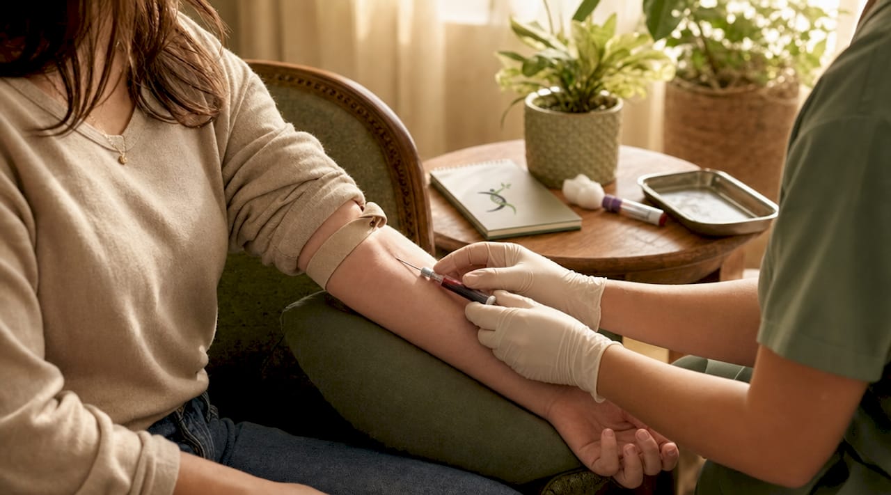 Healthcare worker drawing blood for peptide therapy tests