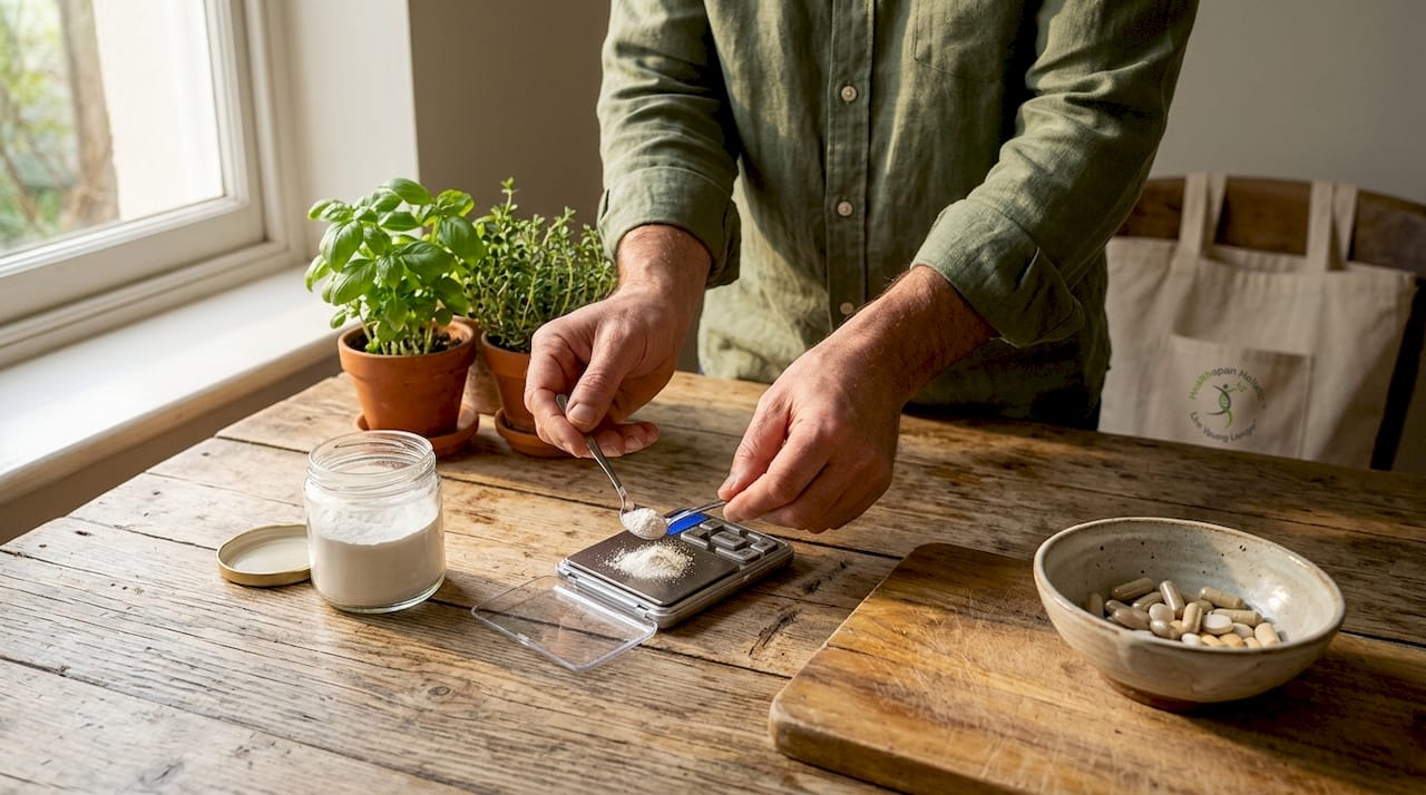 Hands measuring NMN powder with scale at kitchen counter