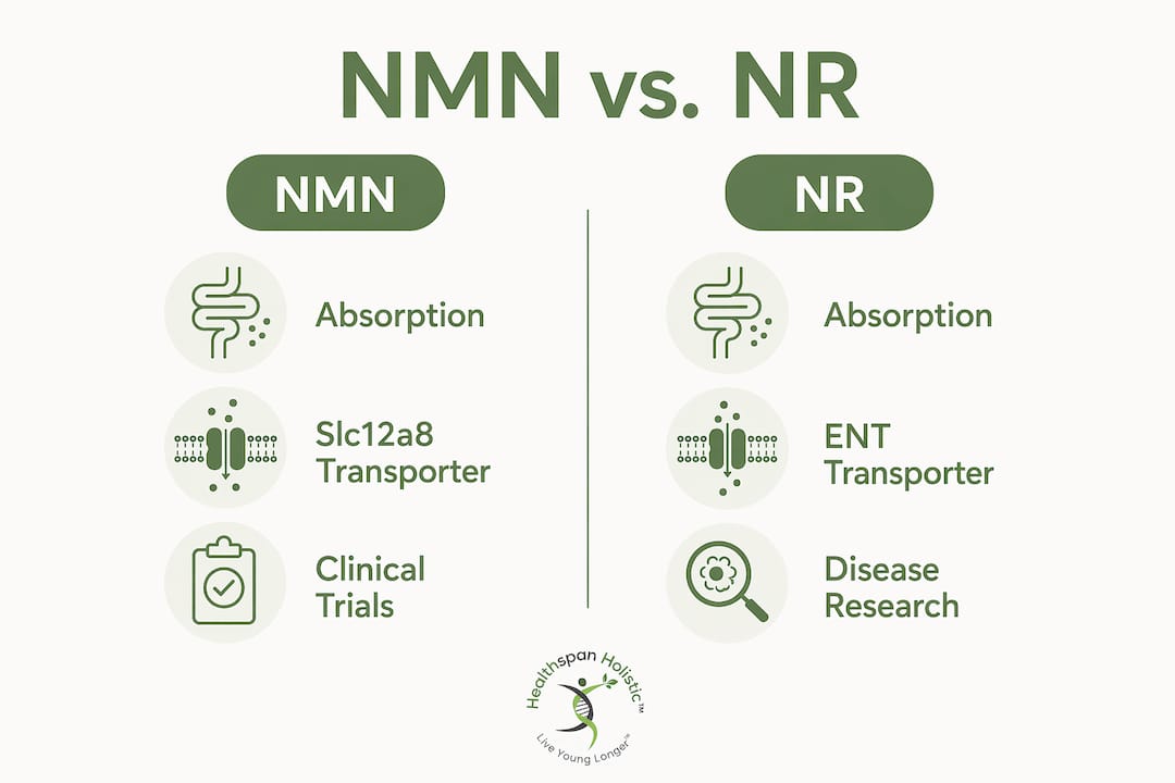 Infographic comparing NMN and NR NAD+ boosters